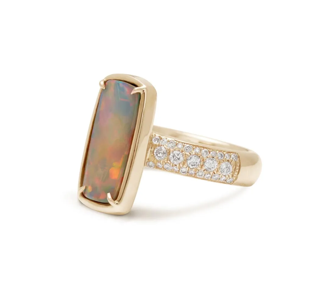 Black Opal Eleonore Tria Ring - Yellow Gold, Opal & Grey Diamonds