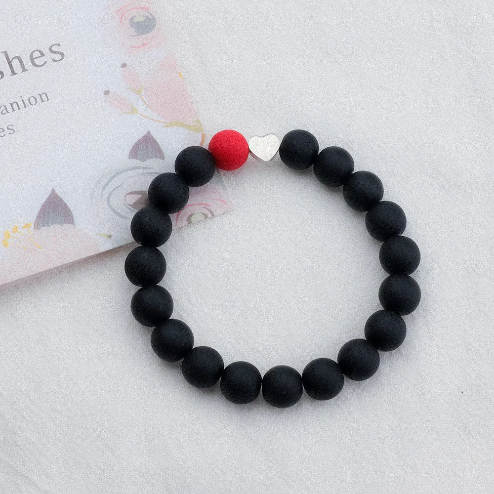 Black Red Bead String Elastic Titanium Steel Heart Shape Charm Hole Bead Bracelet