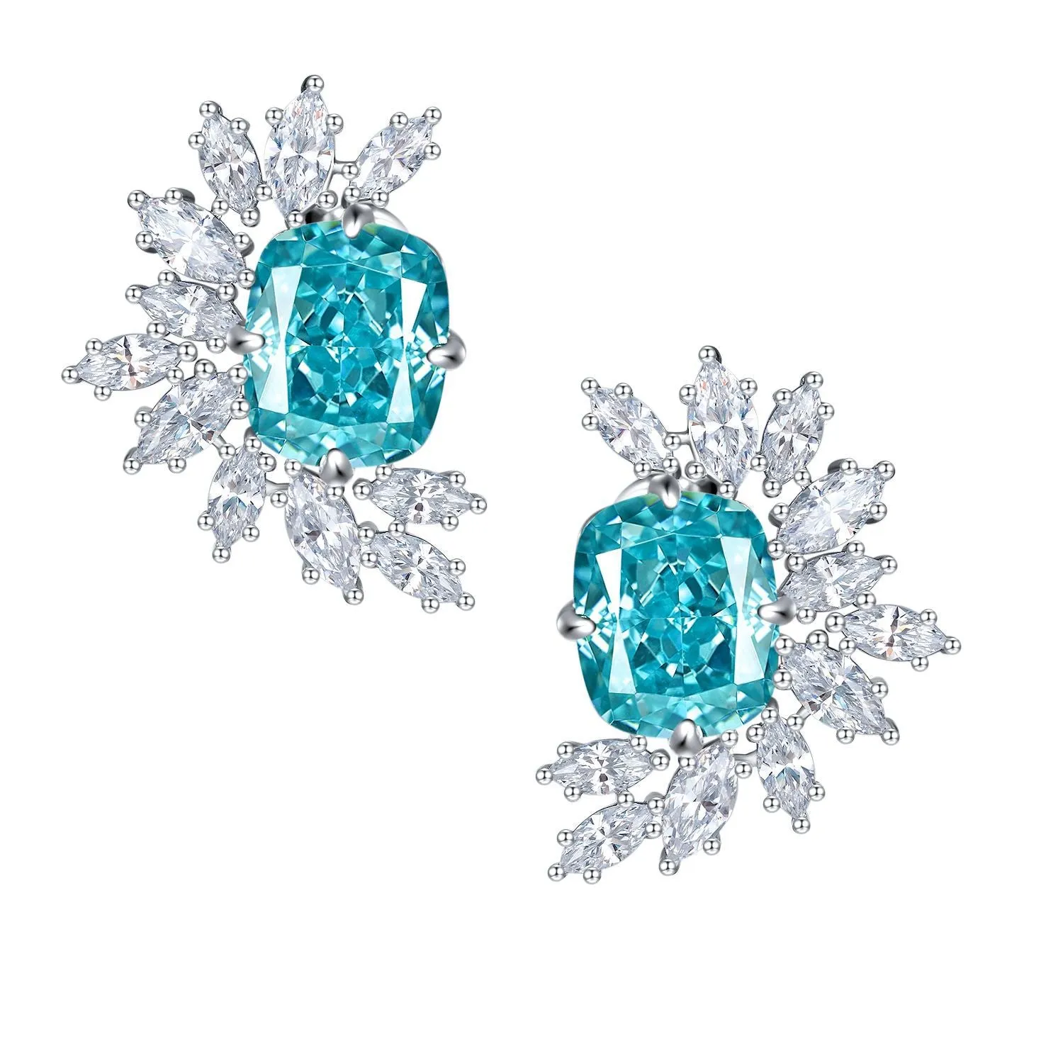Blue Zircon 9*11mm Rectangle Ice Cut Half Annular Petals Silver Studs Earrings for Women