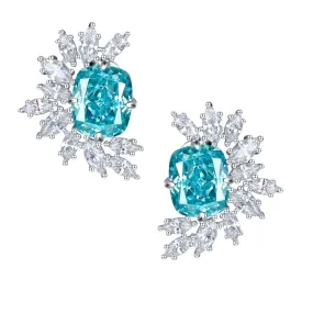 Blue Zircon 9*11mm Rectangle Ice Cut Half Annular Petals Silver Studs Earrings for Women