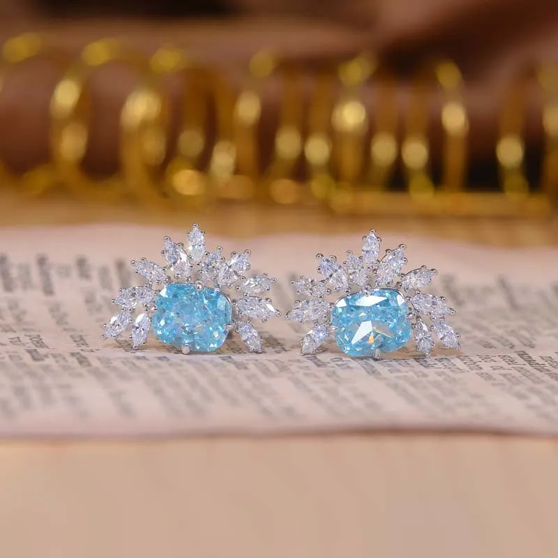 Blue Zircon 9*11mm Rectangle Ice Cut Half Annular Petals Silver Studs Earrings for Women