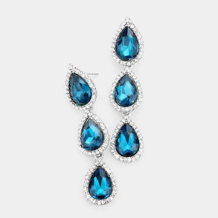 Blue Zircon Crystal Triple Teardrop Silver Earrings