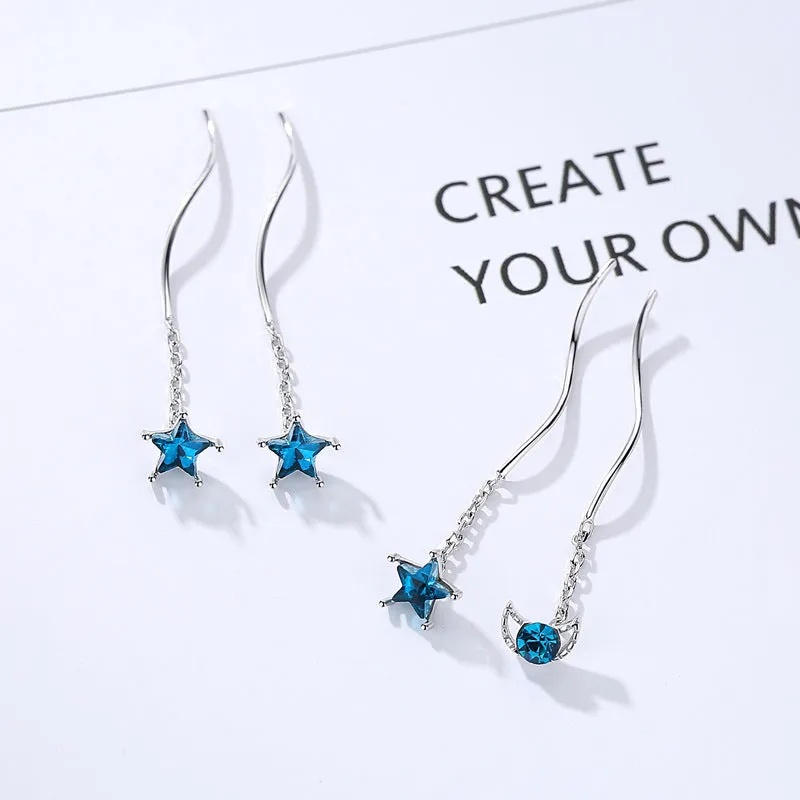 Blue Zircon Star Moon Asymmetric Ear Line Silver Drop Earrings for Women