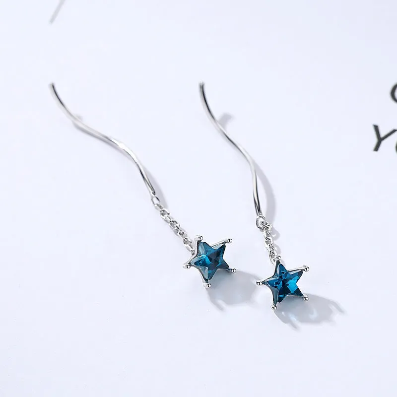 Blue Zircon Star Moon Asymmetric Ear Line Silver Drop Earrings for Women