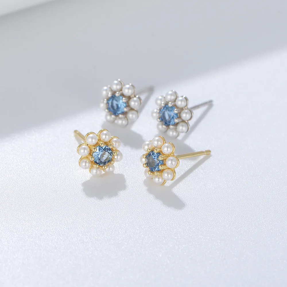 Blue Zircon with Pearl Flower Silver Studs Earrings for Women