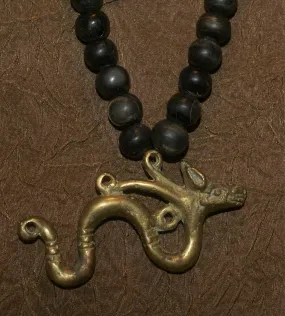 Borneo Tribal Oran Ulu, Dayak, Iban Tribe Heavy Brass Bronze Aso Dog Dragon Earring Talisman, Ear Weight Used as a Pendant for Necklace with Dark Old Glass Trade Beads NB15