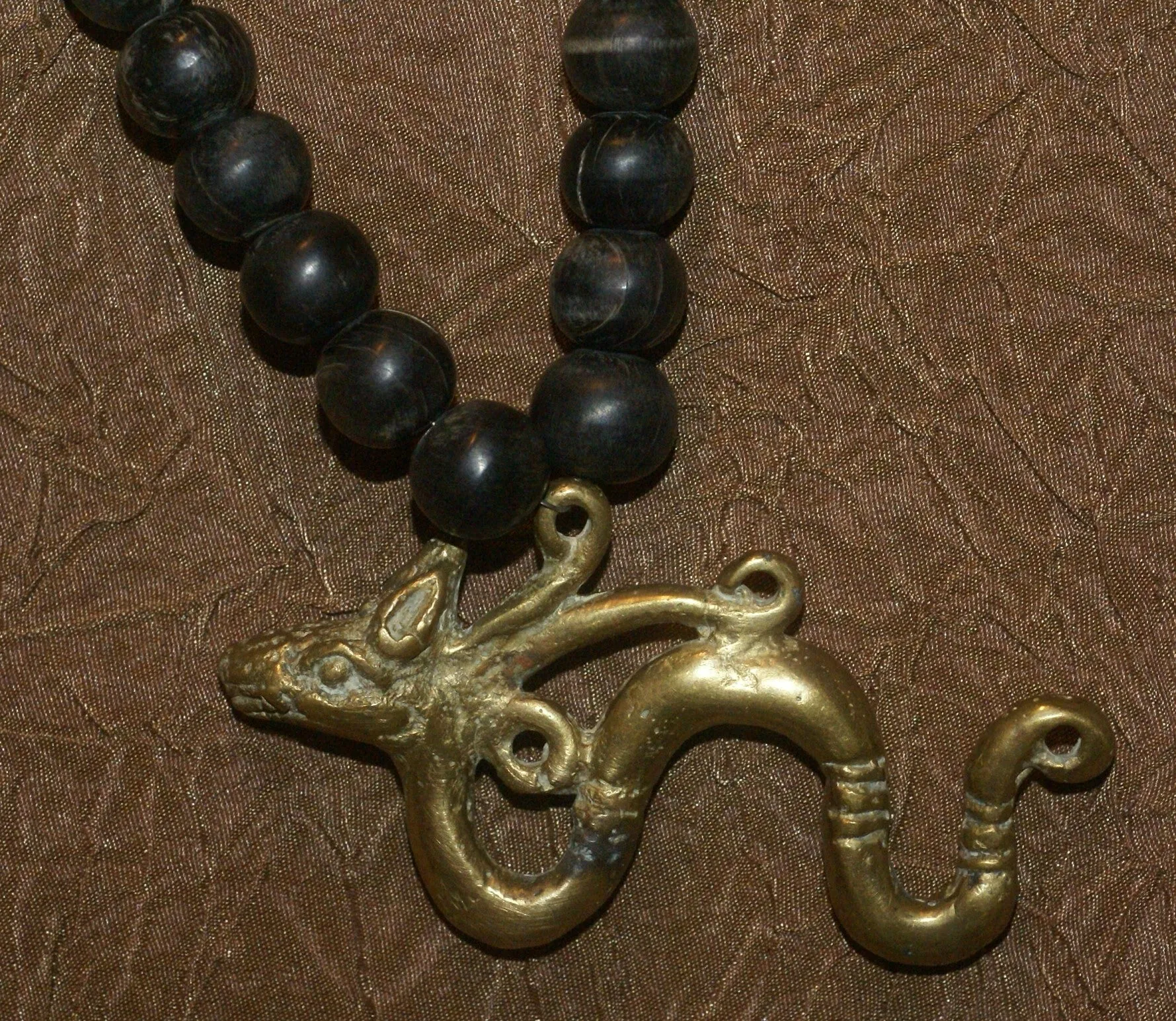 Borneo Tribal Oran Ulu, Dayak, Iban Tribe Heavy Brass Bronze Aso Dog Dragon Earring Talisman, Ear Weight Used as a Pendant for Necklace with Dark Old Glass Trade Beads NB15