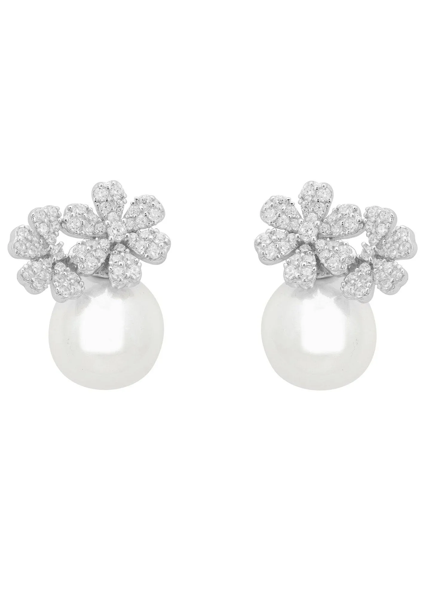 Bouquet And Pearl Stud Earrings Silver