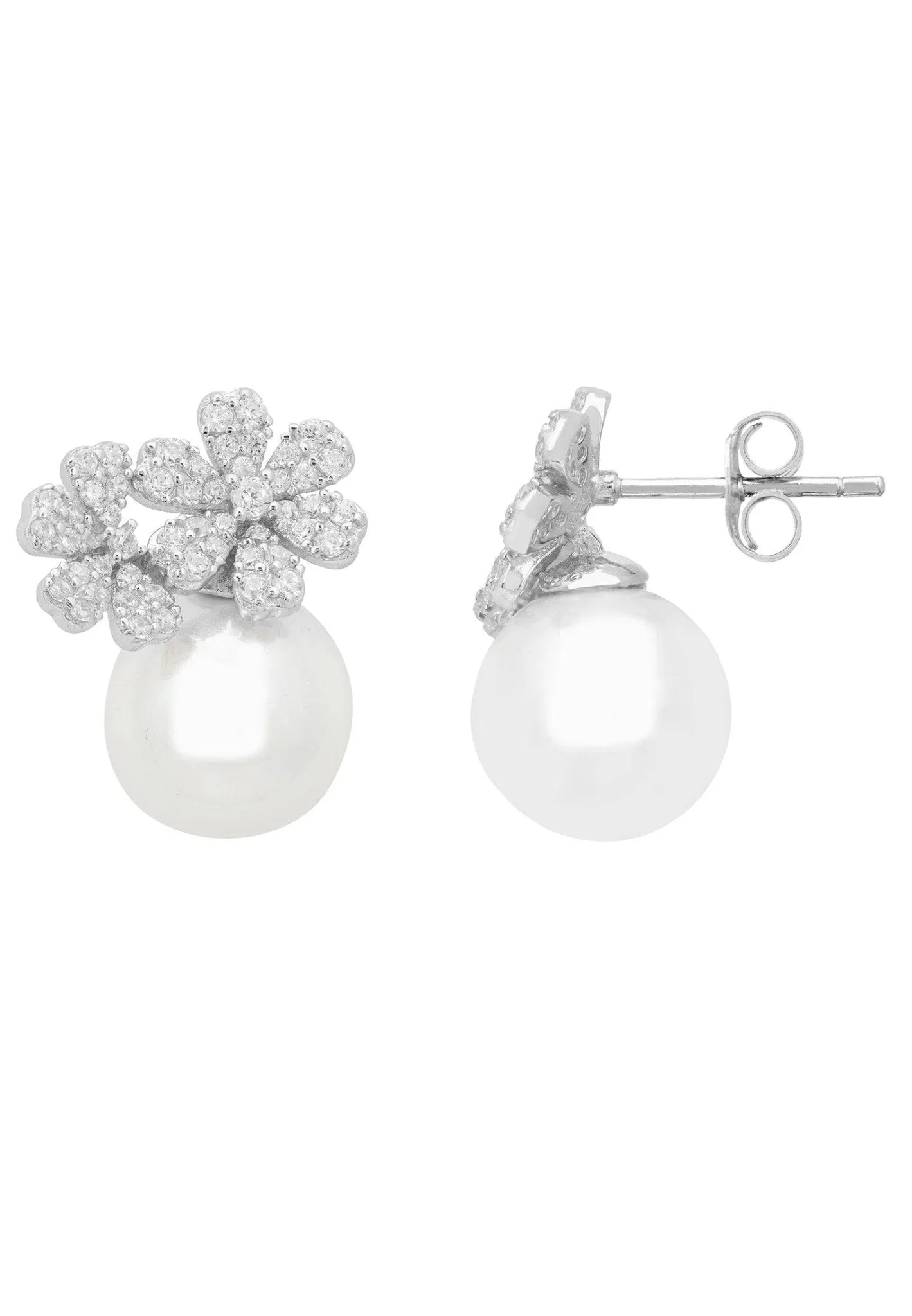 Bouquet And Pearl Stud Earrings Silver