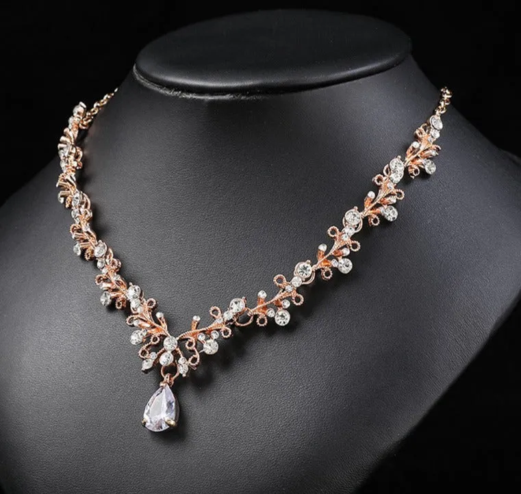 Bridal wedding dress necklace earrings set women's clip zircon series diamond crystal clavicle chain evening accessories