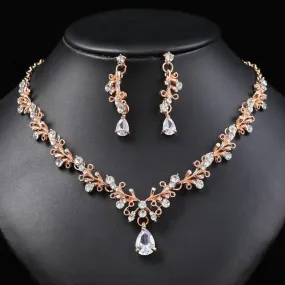 Bridal wedding dress necklace earrings set women's clip zircon series diamond crystal clavicle chain evening accessories