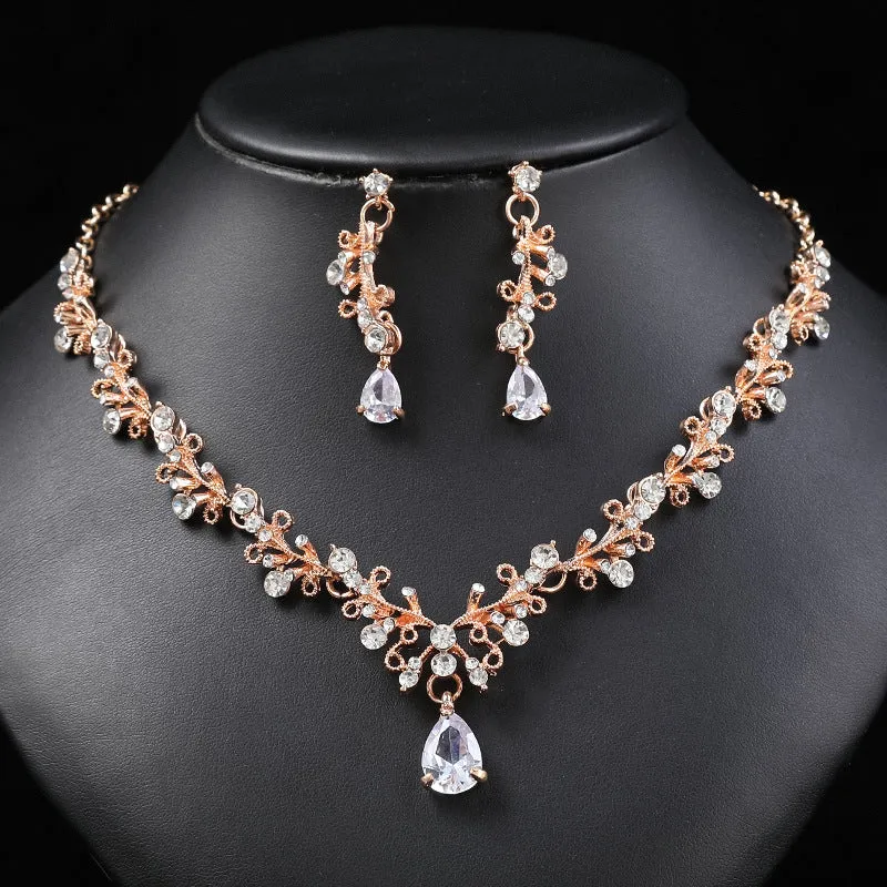 Bridal wedding dress necklace earrings set women's clip zircon series diamond crystal clavicle chain evening accessories