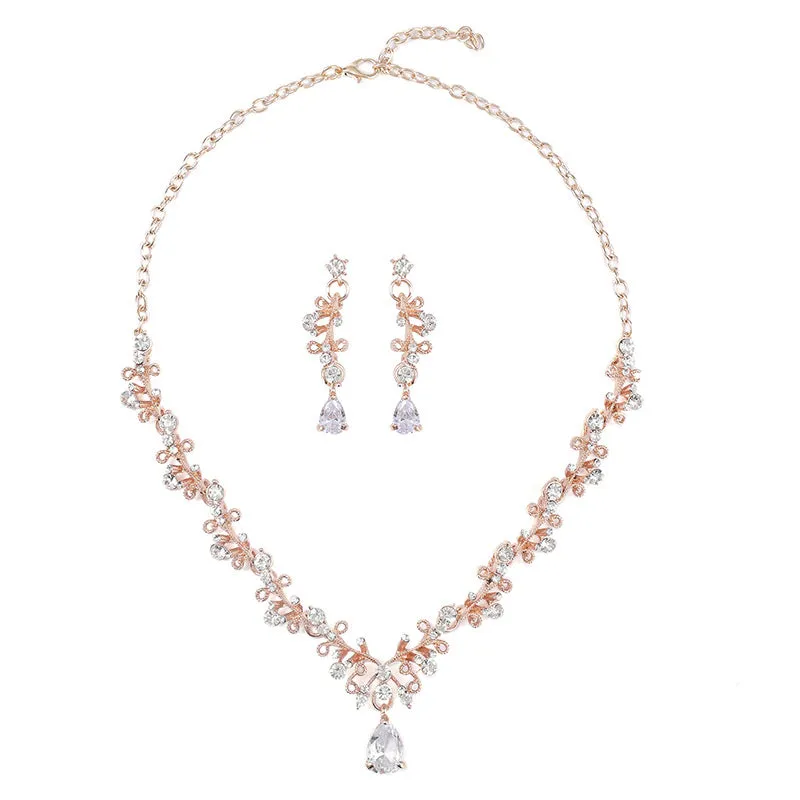Bridal wedding dress necklace earrings set women's clip zircon series diamond crystal clavicle chain evening accessories