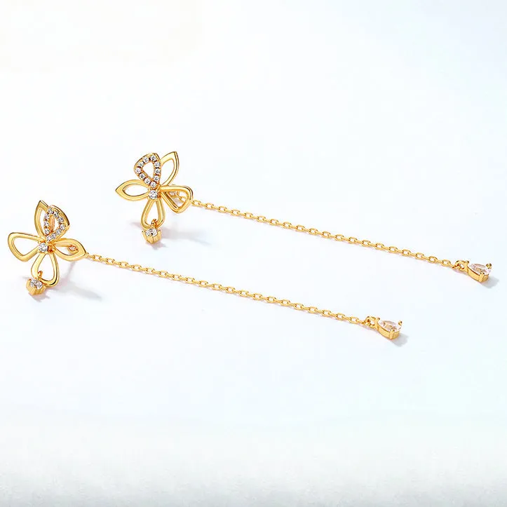 Butterfly Flower Long Tassel Zircon Sterling Silver Drop Earrings