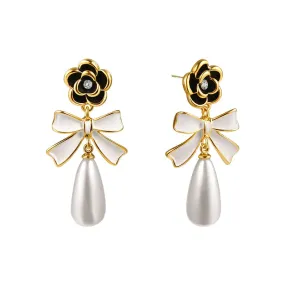 Camellia Bow Teardrop Pearl Earrings