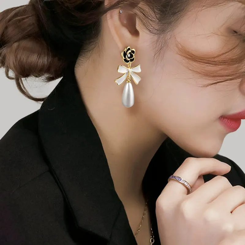Camellia Bow Teardrop Pearl Earrings