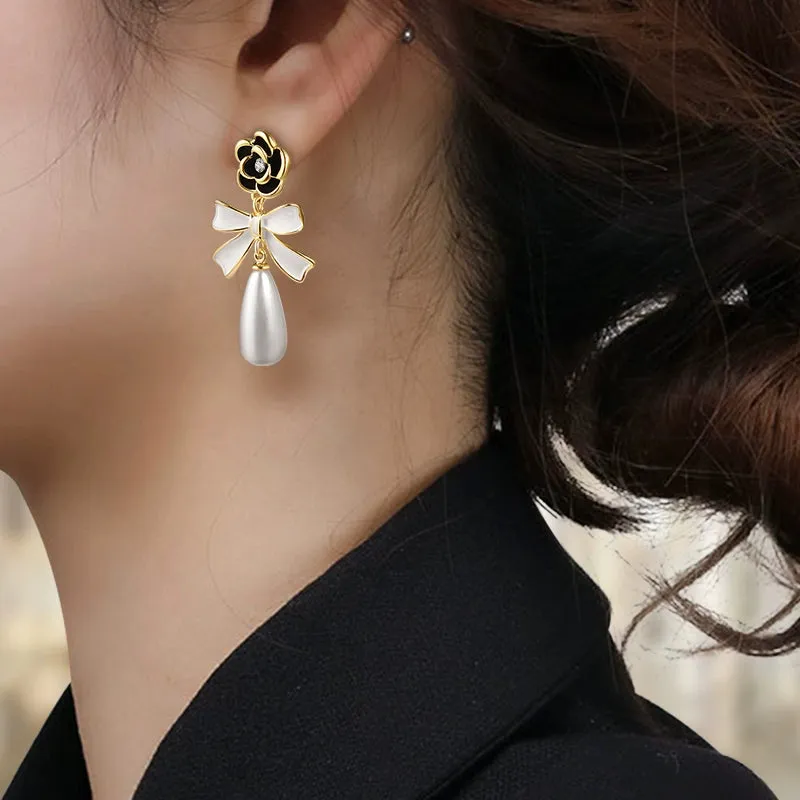 Camellia Bow Teardrop Pearl Earrings