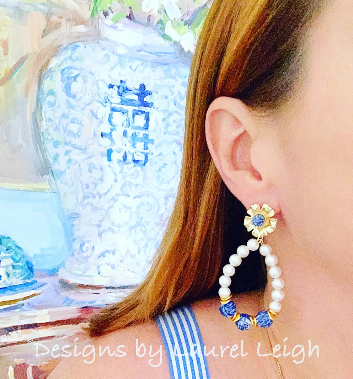Chinoiserie Pearl Floral Hoop Earrings