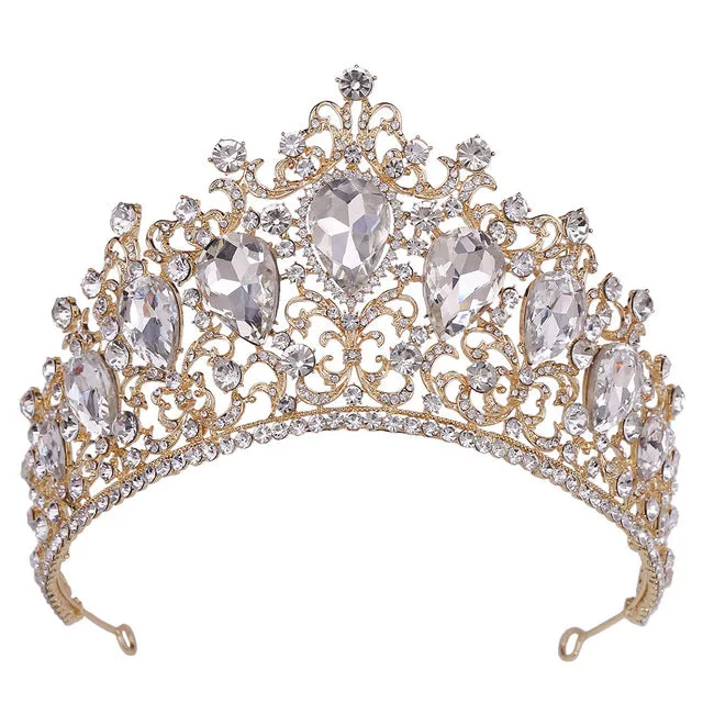 Classical Gold Colorful Crystal Tiaras Crowns Bridal Wedding Hair Accessories