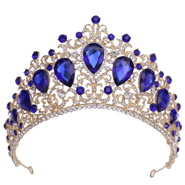 Classical Gold Colorful Crystal Tiaras Crowns Bridal Wedding Hair Accessories