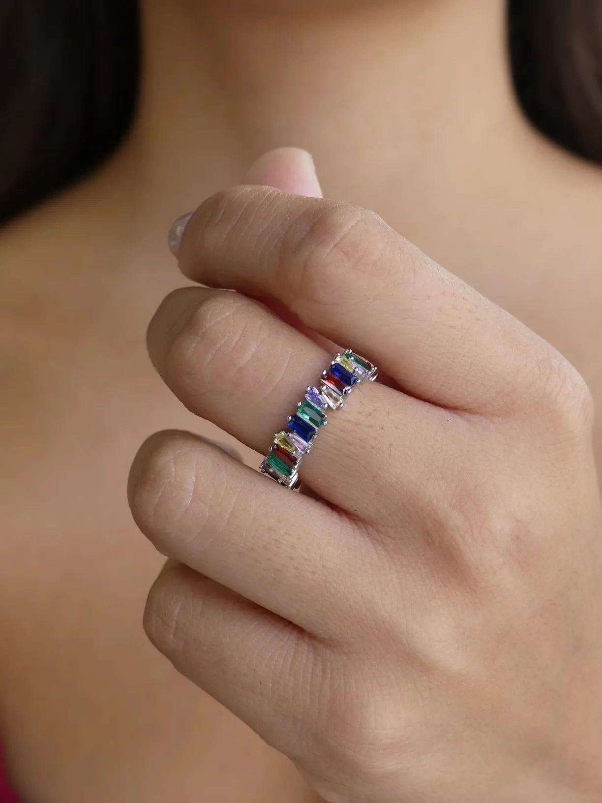 Colorful Rectangle Irregular Diamond CZ Baguette .925 Sterling Silver Eternity KESLEY Ring