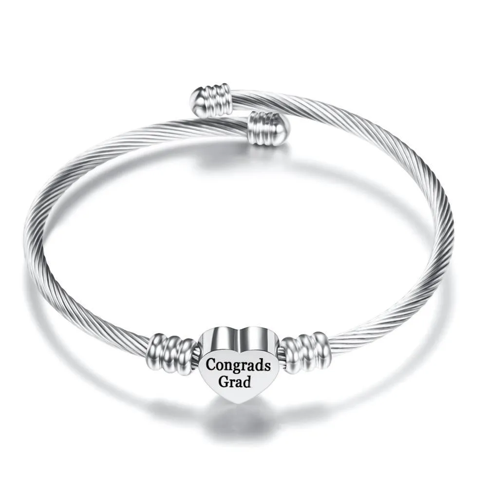 Congratulation 2020 Graduates! "Congrads Grad" Heart Charm Stainless Steel Bangle ITALY Made