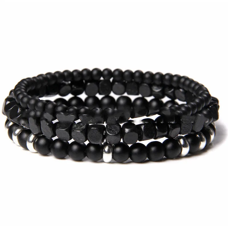 Cross-border Explosion Models Natural Volcanic Stone Wood Bead Bracelet Hematite Beaded Male Polished Black Agate Bead Bracelet Foreign Trade