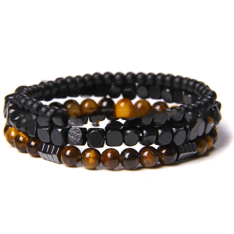 Cross-border Explosion Models Natural Volcanic Stone Wood Bead Bracelet Hematite Beaded Male Polished Black Agate Bead Bracelet Foreign Trade