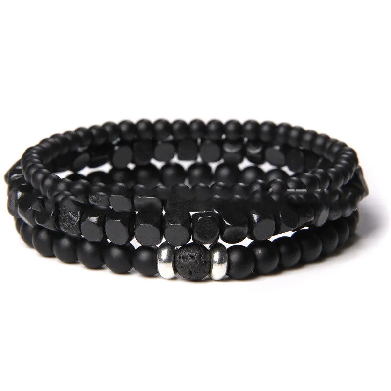 Cross-border Explosion Models Natural Volcanic Stone Wood Bead Bracelet Hematite Beaded Male Polished Black Agate Bead Bracelet Foreign Trade