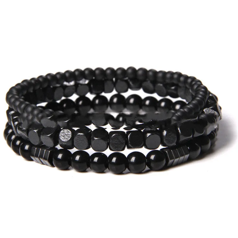 Cross-border Explosion Models Natural Volcanic Stone Wood Bead Bracelet Hematite Beaded Male Polished Black Agate Bead Bracelet Foreign Trade