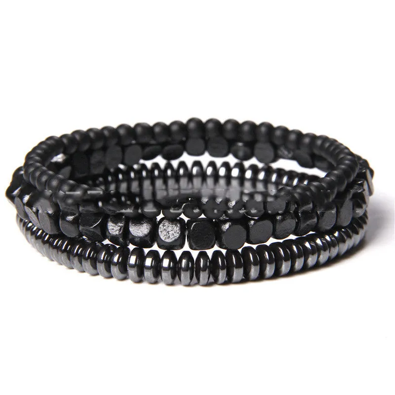 Cross-border Explosion Models Natural Volcanic Stone Wood Bead Bracelet Hematite Beaded Male Polished Black Agate Bead Bracelet Foreign Trade