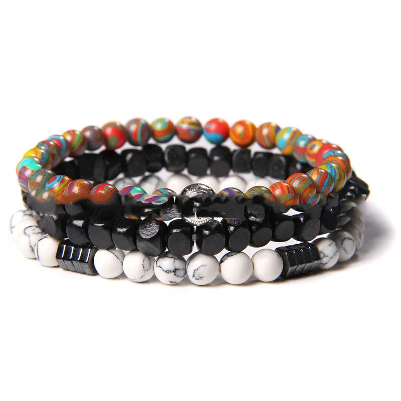 Cross-border Explosion Models Natural Volcanic Stone Wood Bead Bracelet Hematite Beaded Male Polished Black Agate Bead Bracelet Foreign Trade