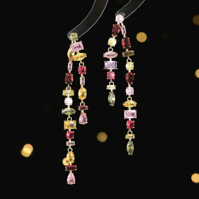 Cubic Zircon CZ Geometric Colorful Zircon DoubleTassel Earrings for Bridal Women Girl Prom Jewelry 925 Silver NeedleLYC114
