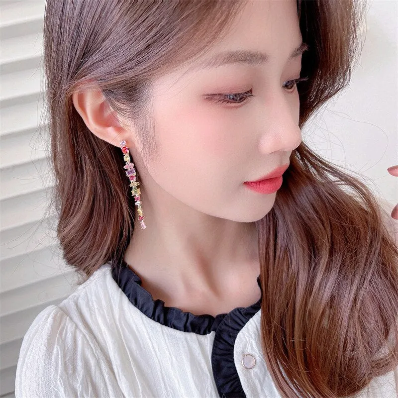 Cubic Zircon CZ Geometric Colorful Zircon DoubleTassel Earrings for Bridal Women Girl Prom Jewelry 925 Silver NeedleLYC114