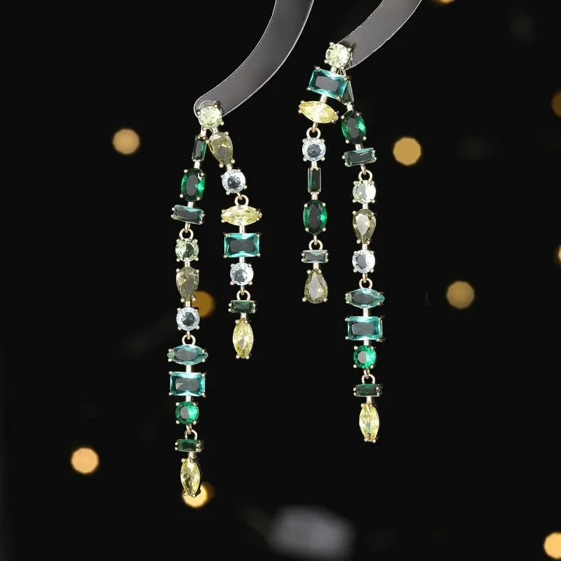 Cubic Zircon CZ Geometric Colorful Zircon DoubleTassel Earrings for Bridal Women Girl Prom Jewelry 925 Silver NeedleLYC114
