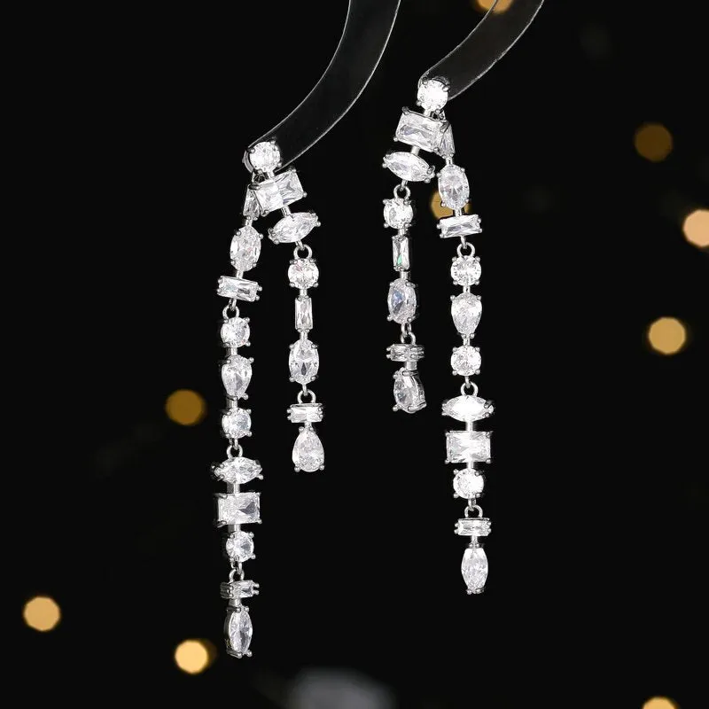 Cubic Zircon CZ Geometric Colorful Zircon DoubleTassel Earrings for Bridal Women Girl Prom Jewelry 925 Silver NeedleLYC114