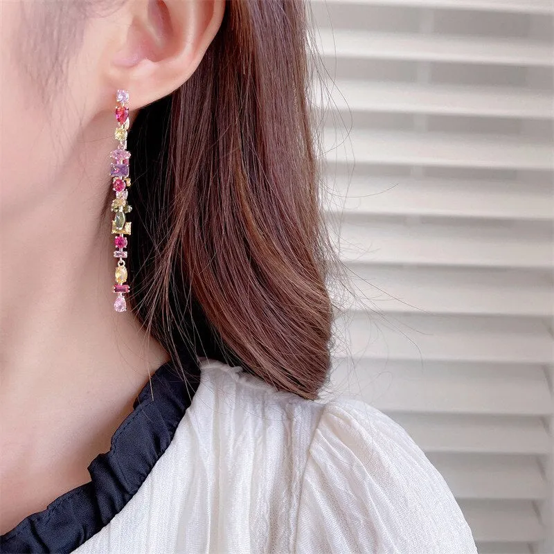 Cubic Zircon CZ Geometric Colorful Zircon DoubleTassel Earrings for Bridal Women Girl Prom Jewelry 925 Silver NeedleLYC114