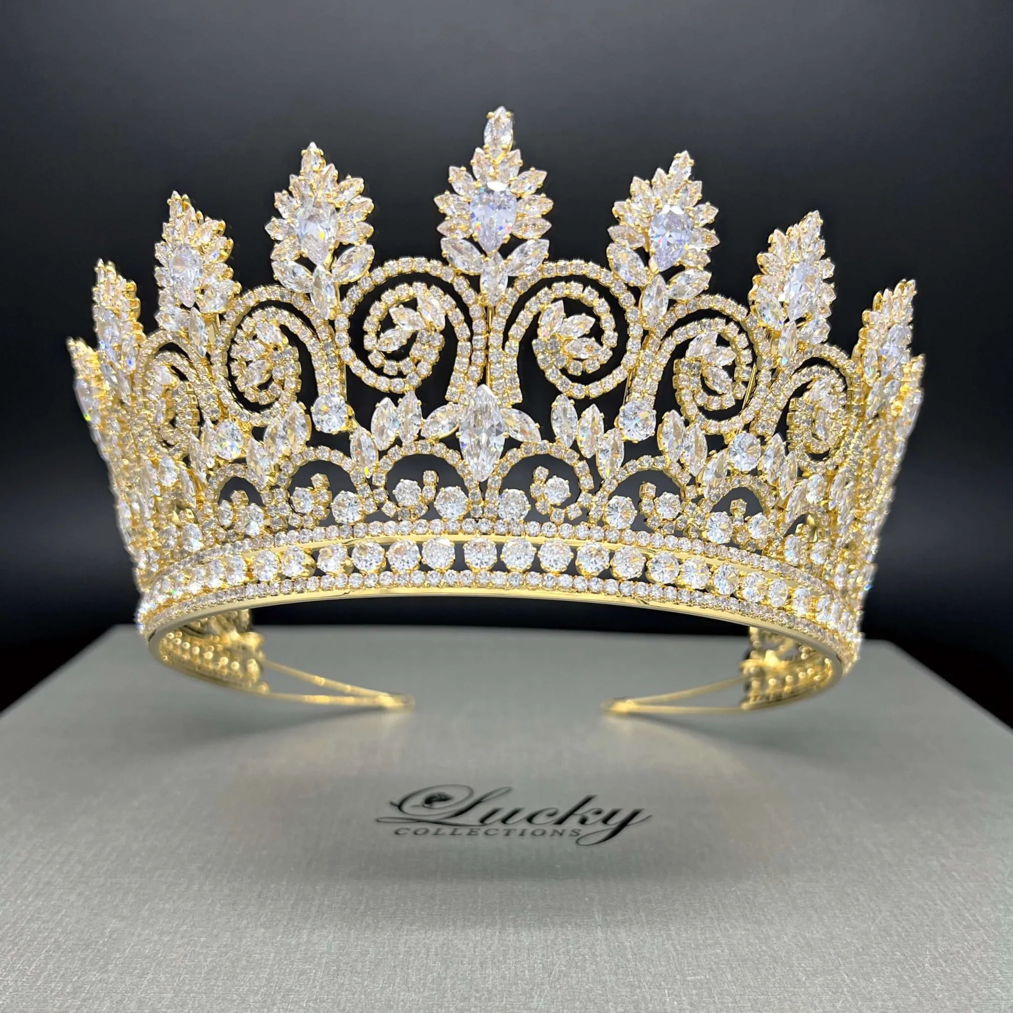 Cubic Zirconia Bridal Crown, Quinceanera Tall Tiara,  Finest Cut CZ Scrolls and Peaks