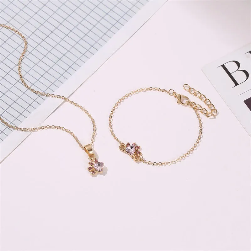 Cute Cartoon Cat's Paw Necklace And Earrings Four-piece Set