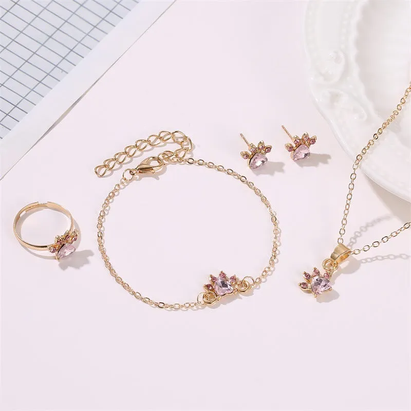 Cute Cartoon Cat's Paw Necklace And Earrings Four-piece Set