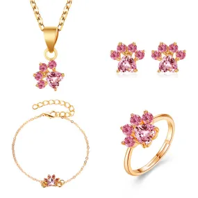 Cute Cartoon Cat's Paw Necklace And Earrings Four-piece Set