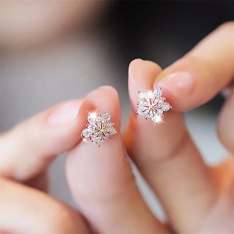 Dainty Crystal Zircon Holiday Snowflake Stud & Drop Charm Earrings