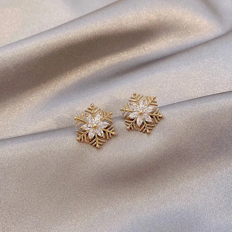 Dainty Crystal Zircon Holiday Snowflake Stud & Drop Charm Earrings