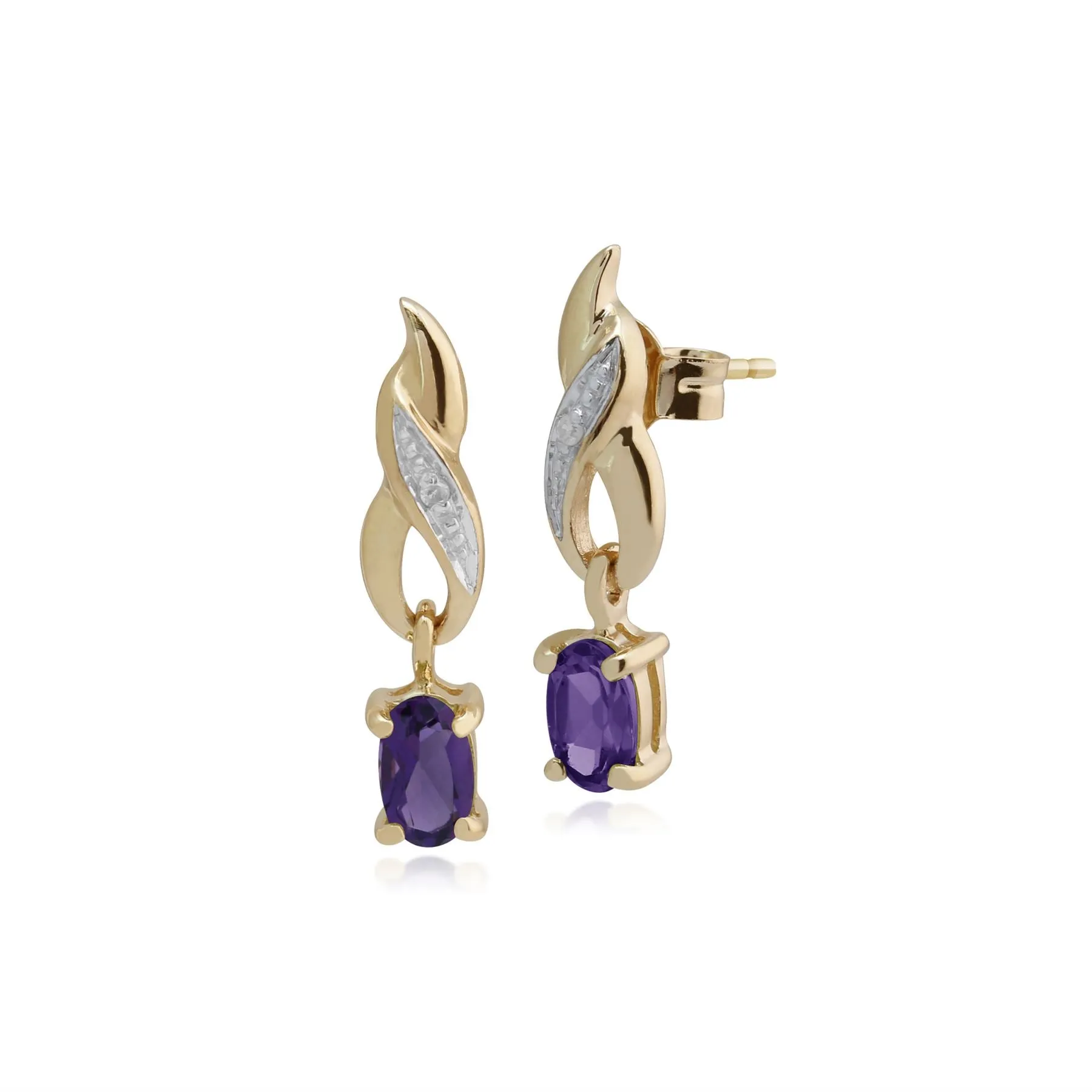 Damen 375 Gold 9 Karat Gelbgold Oval Amethyst Klassisch Ohrhänger Lila mit Diamant Akzent Ring