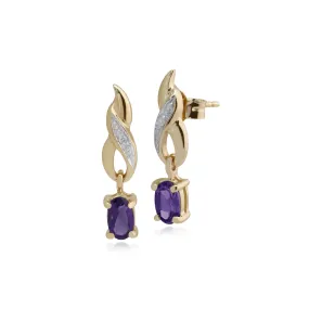 Damen 375 Gold 9 Karat Gelbgold Oval Amethyst Klassisch Ohrhänger Lila mit Diamant Akzent Ring