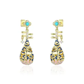 Deer Pipa with Turquoise and Zircon Silver Drop Earrings for Women