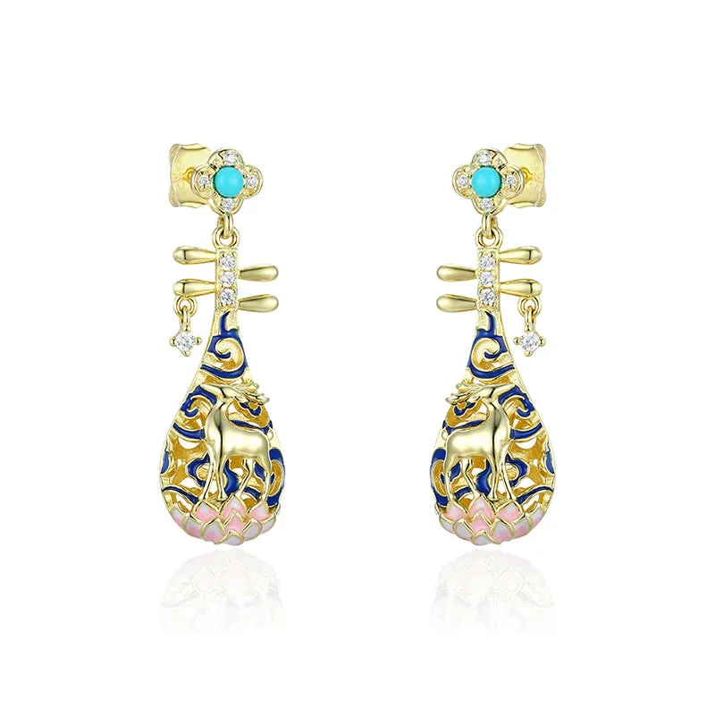 Deer Pipa with Turquoise and Zircon Silver Drop Earrings for Women