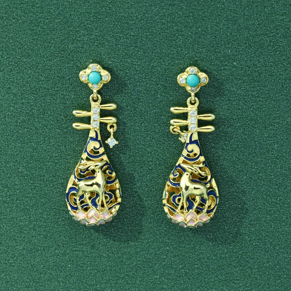 Deer Pipa with Turquoise and Zircon Silver Drop Earrings for Women
