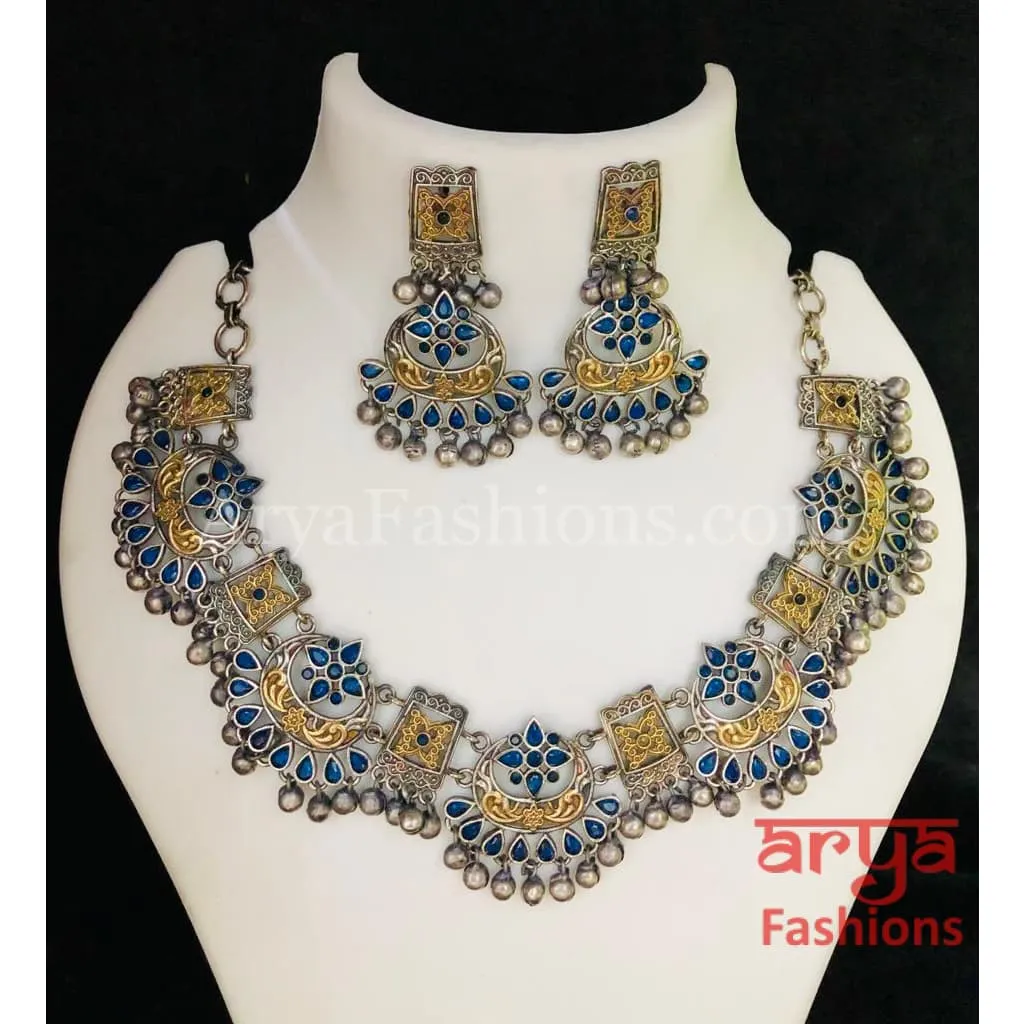 Designer Dual Tone Oxidized Tribal Necklace with Multicolor Stones
