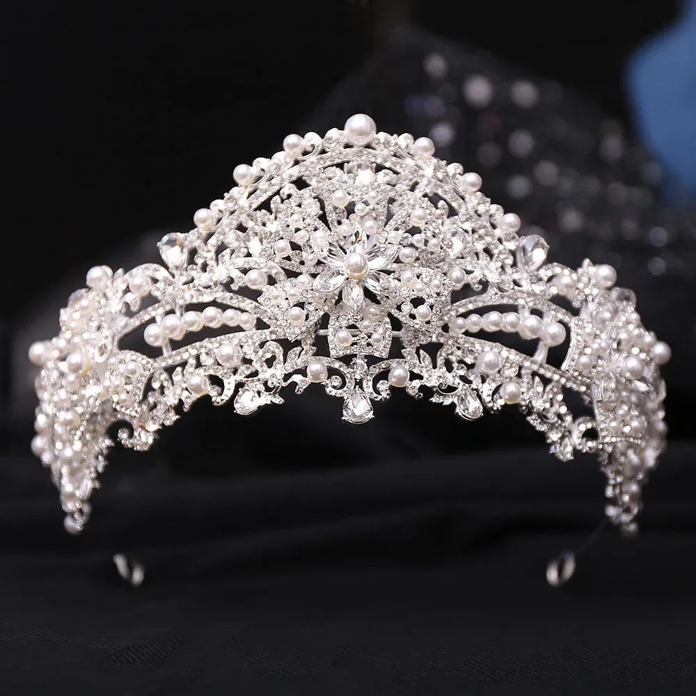 Elegant Luxury Cute Big Bowknot Crystal Pearl Tiara Crown Bridal Hair Accessory